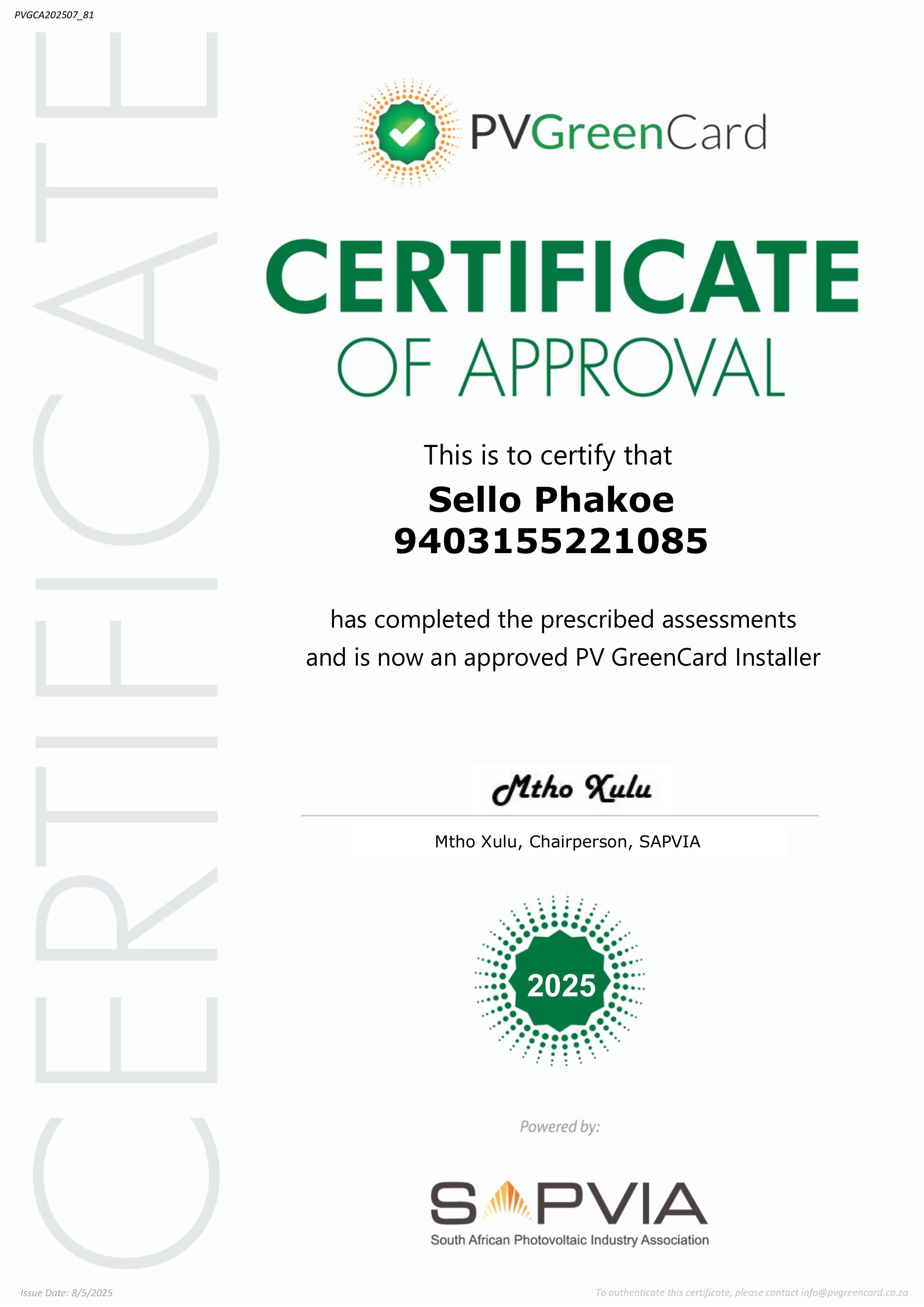 PV GreenCard Certificate